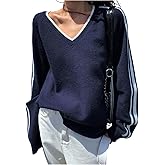 MakeMeChic Women's Striped V Neck Sweater Long Sleeve Knit Winter Pullover Tops