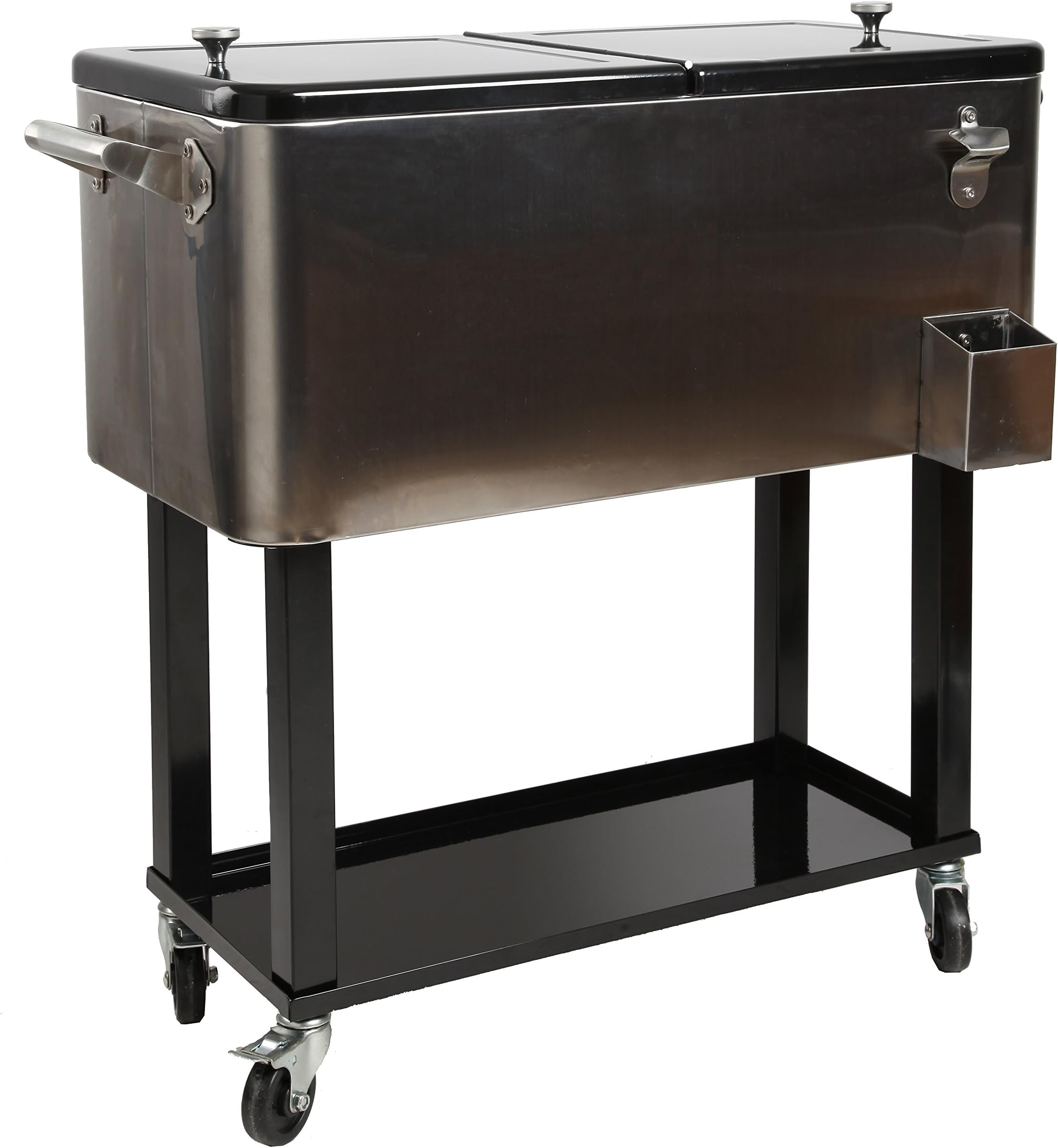 HIO 80 Qt Outdoor Patio Cooler Table On Wheels, Rolling Cooler With Shelf, stainless steel with a black lid