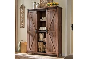 OKD Storage Cabinet with 2 Sliding Door, 7-Tier 62" Tall Farmhouse Entryway Shoe Cabinet, Freestanding Rustic Hidden Shoe Organizer for Entryway, Rustic Walnut