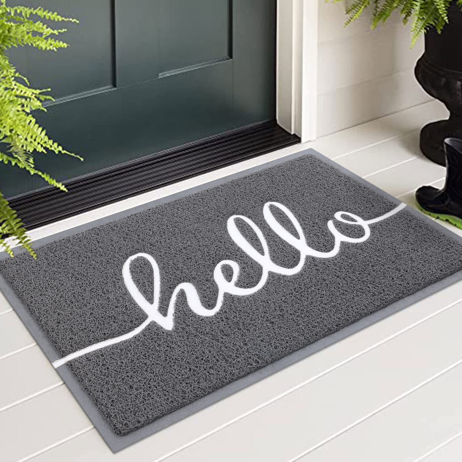 Homaxy Hello Door Mat, Dirt Trapper Doormats Non-Slip Low Profile Durable Door Mat for Outdoor, Indoor, Entrance, Patio, Front Back Door — (60 x 90cm, Grey)