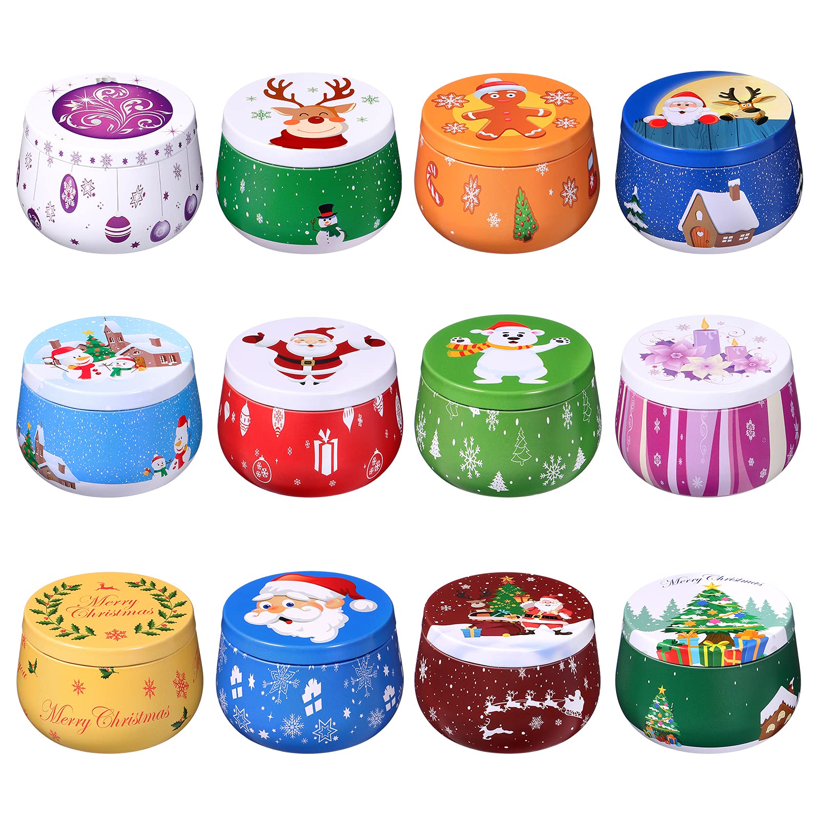 12 Pack Christmas Candle Tin Jars, 8 oz Christmas Candle Making Tin Jars, Round Empty Metal Storage Container with Lids for Dry Storage Spices, Sweets, Favours, Wedding and Gifts, Xmas Tinplate Pots