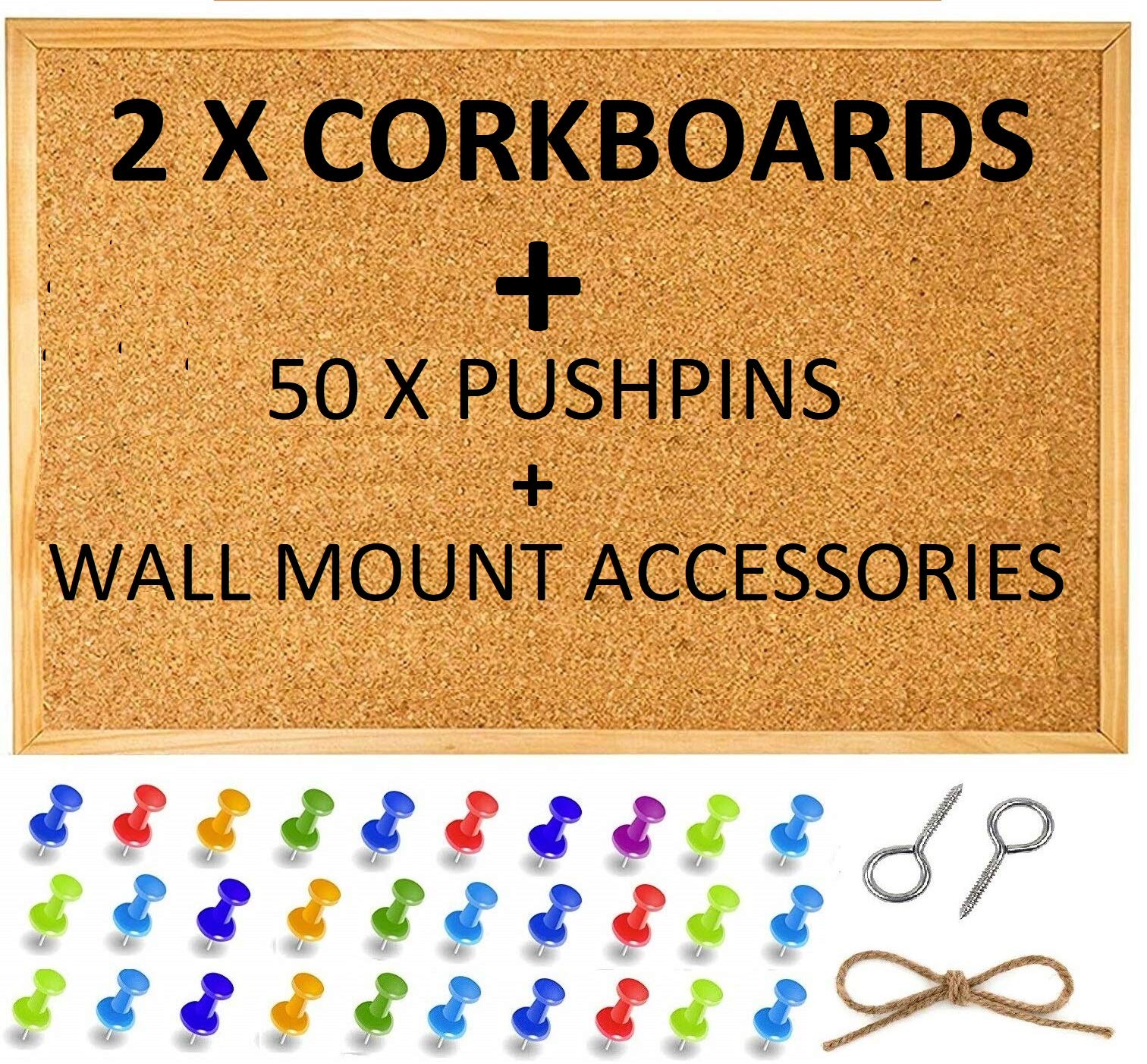 2 Pack Large Cork Pin Notice Board Bulletin Vision Boards for Home Bedroom Offices Memo Message Pictures Planner Display Organiser Wood Frame Corkboard - with 50 Push Pins and Wall Mount Screw