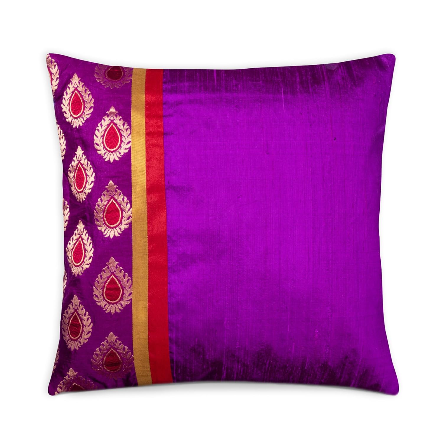 Buy Purple Red And Gold Raw Silk Pillow Cover 16x16 Inches Online