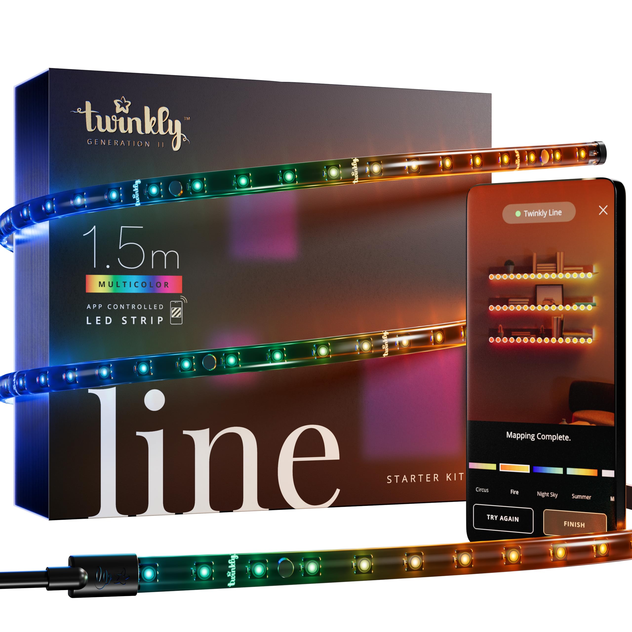 Twinkly Line Starter Kit 1.5m, Multicolor LED Strip Magnetic and Adhesive, Kit with Smart Controller, Compatible with Alexa, and Google Home, 16 M+ Colors, App Control, Black Wire