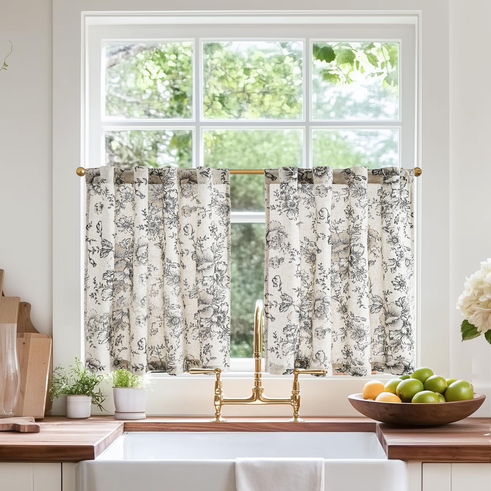 Photo 1 of jinchan Linen Floral Tier Curtains 24 Inch Farmhouse Botanic Cafe Curtains Light Filtering Drapes for Small Windows Back Tab Half Window for Kitchen Living Room Bathroom 2 Panels Black