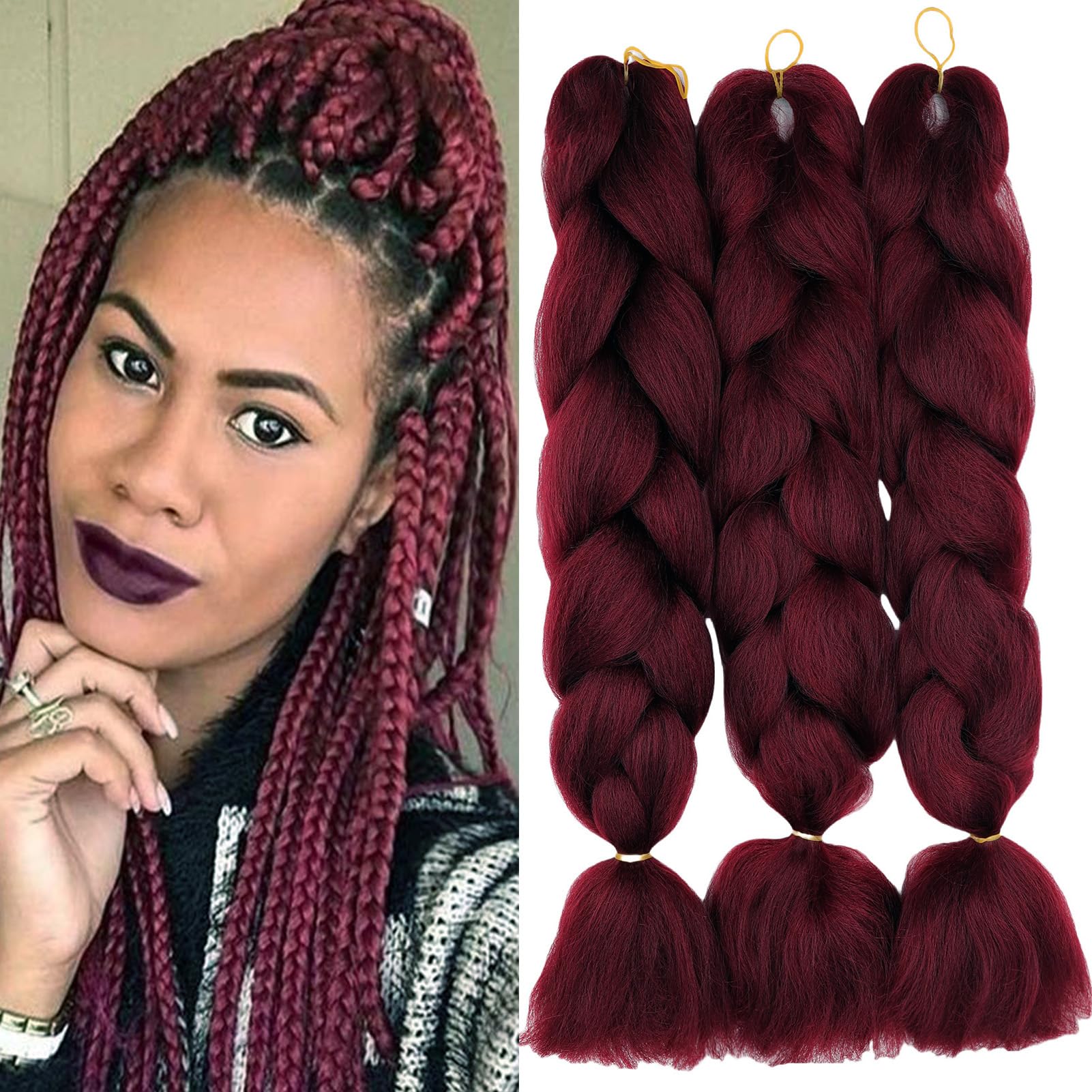 Cybelleza 24" Braiding Hair Extension Jumbo Braids Synthetic 3bundles/pack 300g Crochet Hair Afro Box Braid Heat Resistent, Wine Red