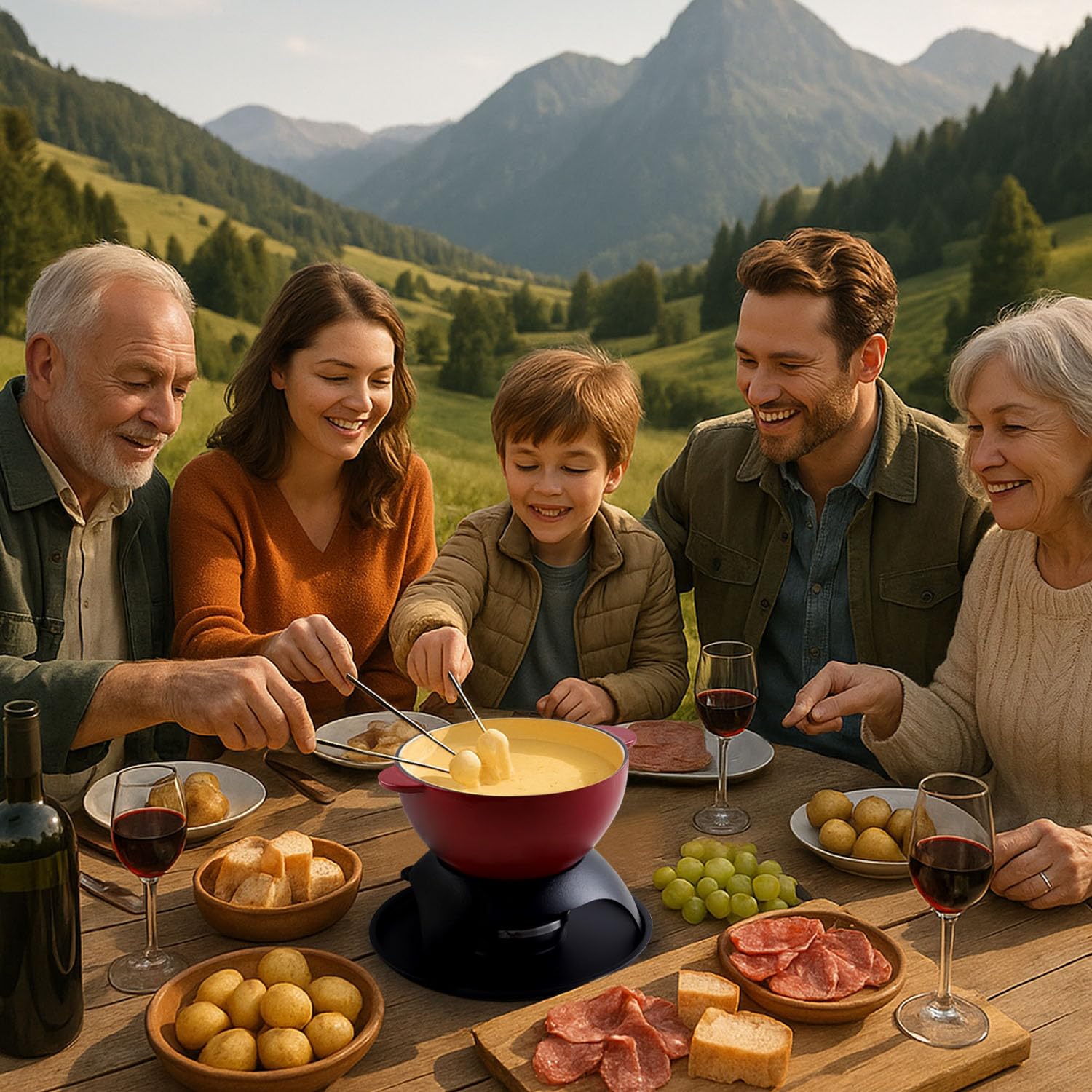 Artestia Cast Iron Cheese Fondue Set 11-Piece with Adjustable Burner, 6 Colored Forks, 5-Cup Red Swiss Fondue Set for Cheese, Chocolate, Caramel, Meat – Family Size 4-6 Persons