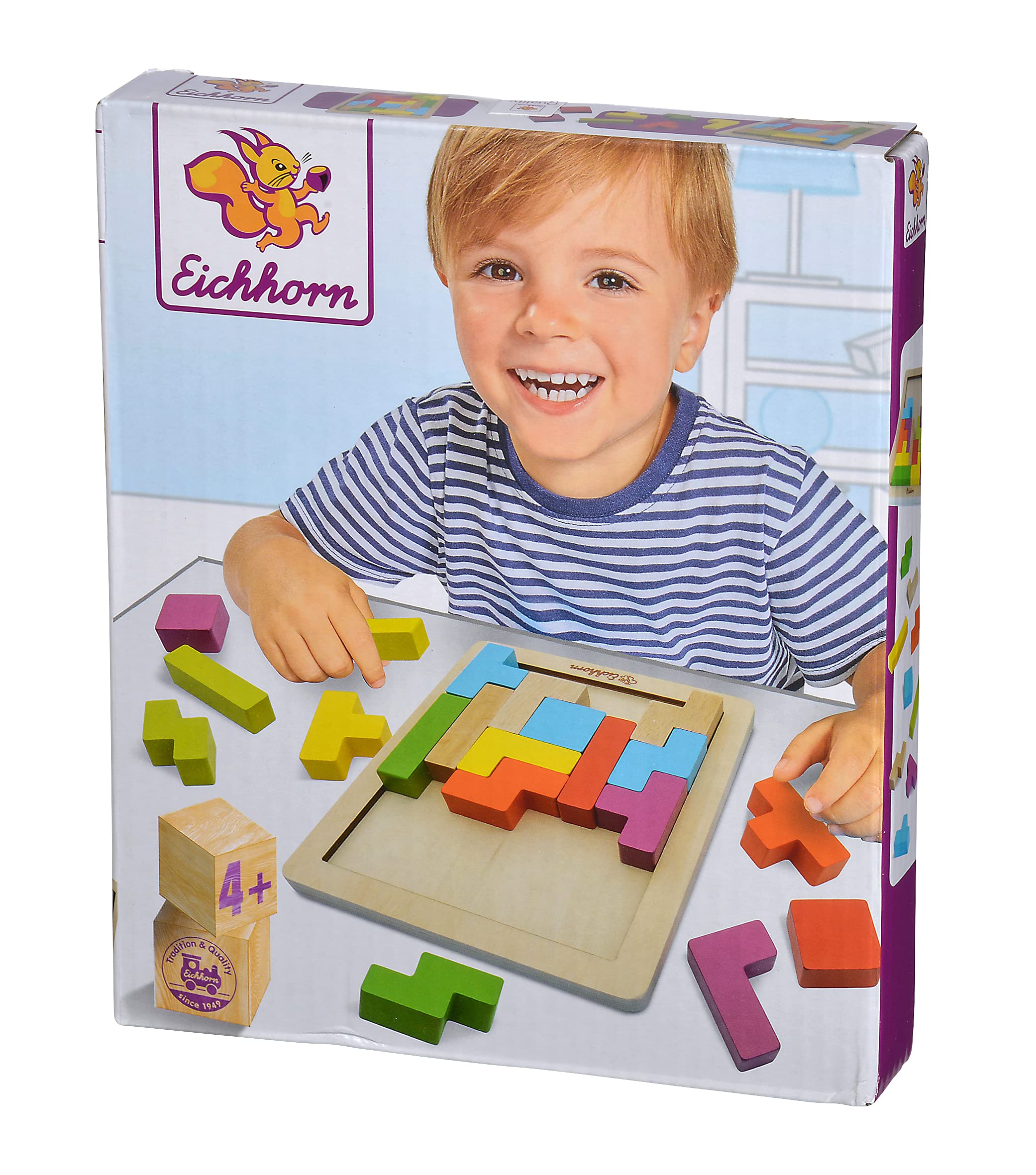 Eichhorn - Colourful Shape Game, Skill Game with 20 Stones in 5 Shapes, 21 Pieces, 18 x 15 cm, for 1 Player, Made of Wood, from 4 Years