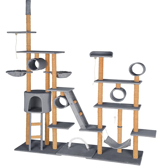 TecTake Katzen Kratzbaum Katzenbaum XXL | 2 Spielseile | 4 Röhren | 2 Treppen | 2 Liegemulden | Deckenhoch