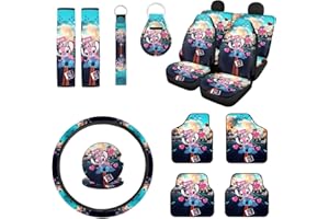 saevcuh 15 Pcs Cartoon Car Accessories Set Include Car Seat Cover Car Floor Mats Car Steering Wheel Cover Seat Belt Pads Car Coasters Keychain for Car Decor SUV Truck Auto Sedans