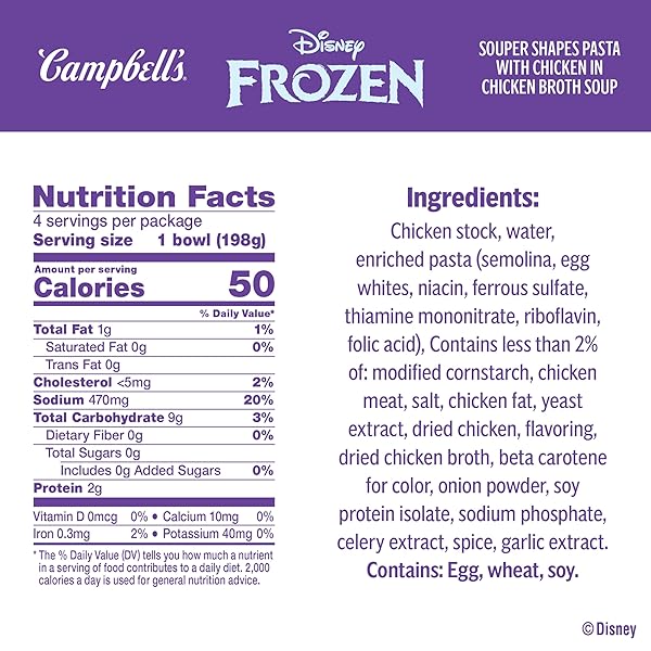 CAMPBELL’S KIDS SOUP, DISNEY FROZEN SOUPER SHAPES PASTA WITH CHICKEN IN CHICKEN BROTH, 7 OZ BOWL (4 PACK)