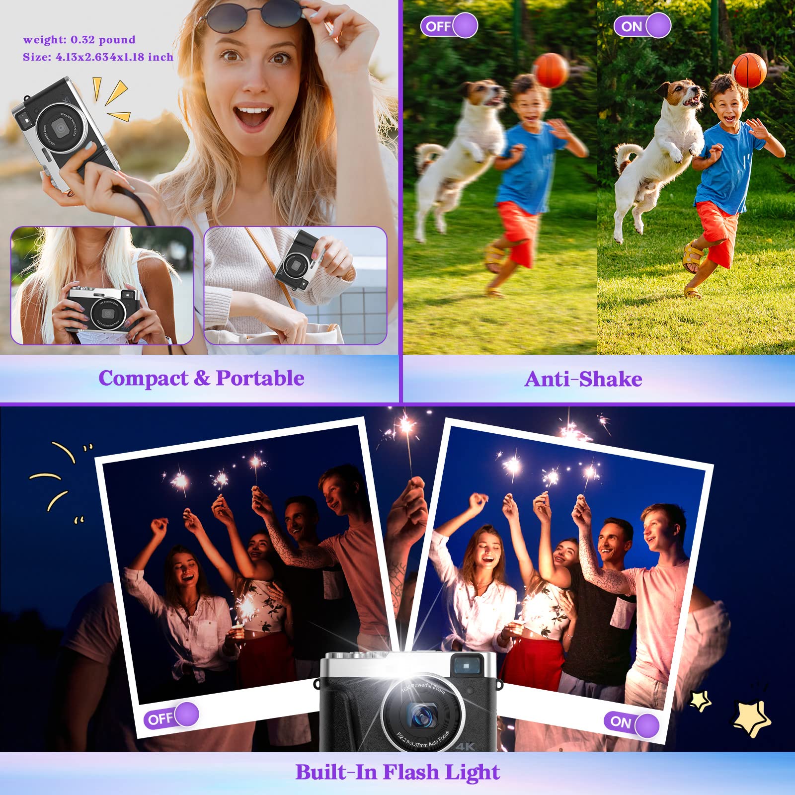 Jumobuis 4K Digital Camera Auto Focus 48MP Vlogging Video for YouTube Photography Cameras Beginners Travel Portable Compact Point and Shoot with Viewfinder Flash 32G Memory Card Silver ,DC202