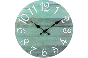 Plumeet Small Wall Clock, 10'' Frameless Wooden Wall Clocks with Silent Quartz Movement, Rustic Coastal Country Village Clocks Decorative for Kitchen Bedroom Living Room, Green