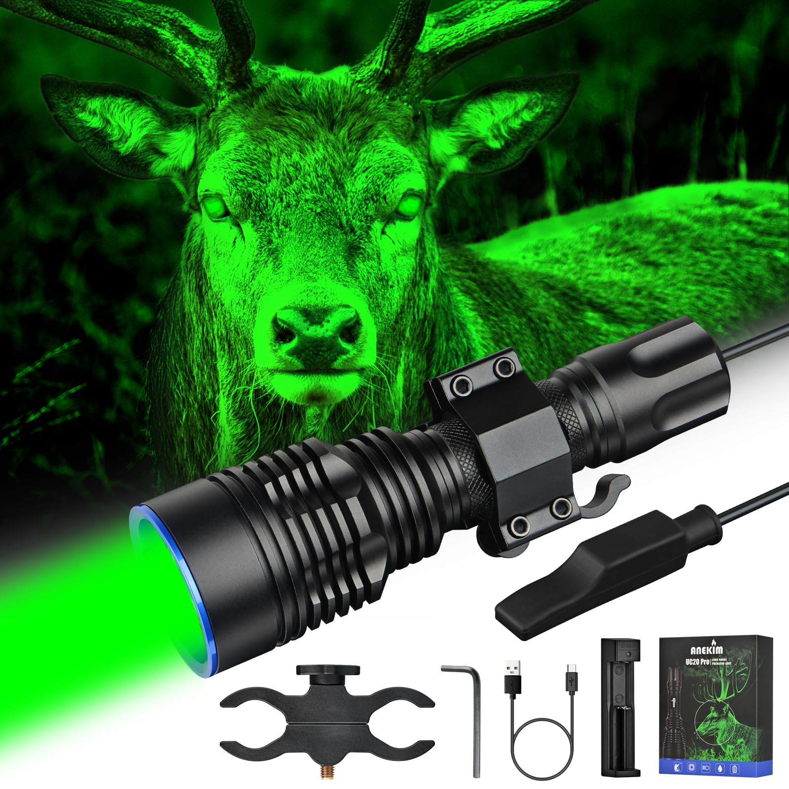 Photo 1 of ANEKIM UC20Pro Green Hunting Light Kit, 1783m Spotlight 2200 High Lumen Predator Light for Tactical Flashlight for Hog Coyote and Varmint Night Hunting
