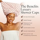 Kitsch Luxury Reusable Shower Cap Terracotta Checker Satin Lined Large view 2