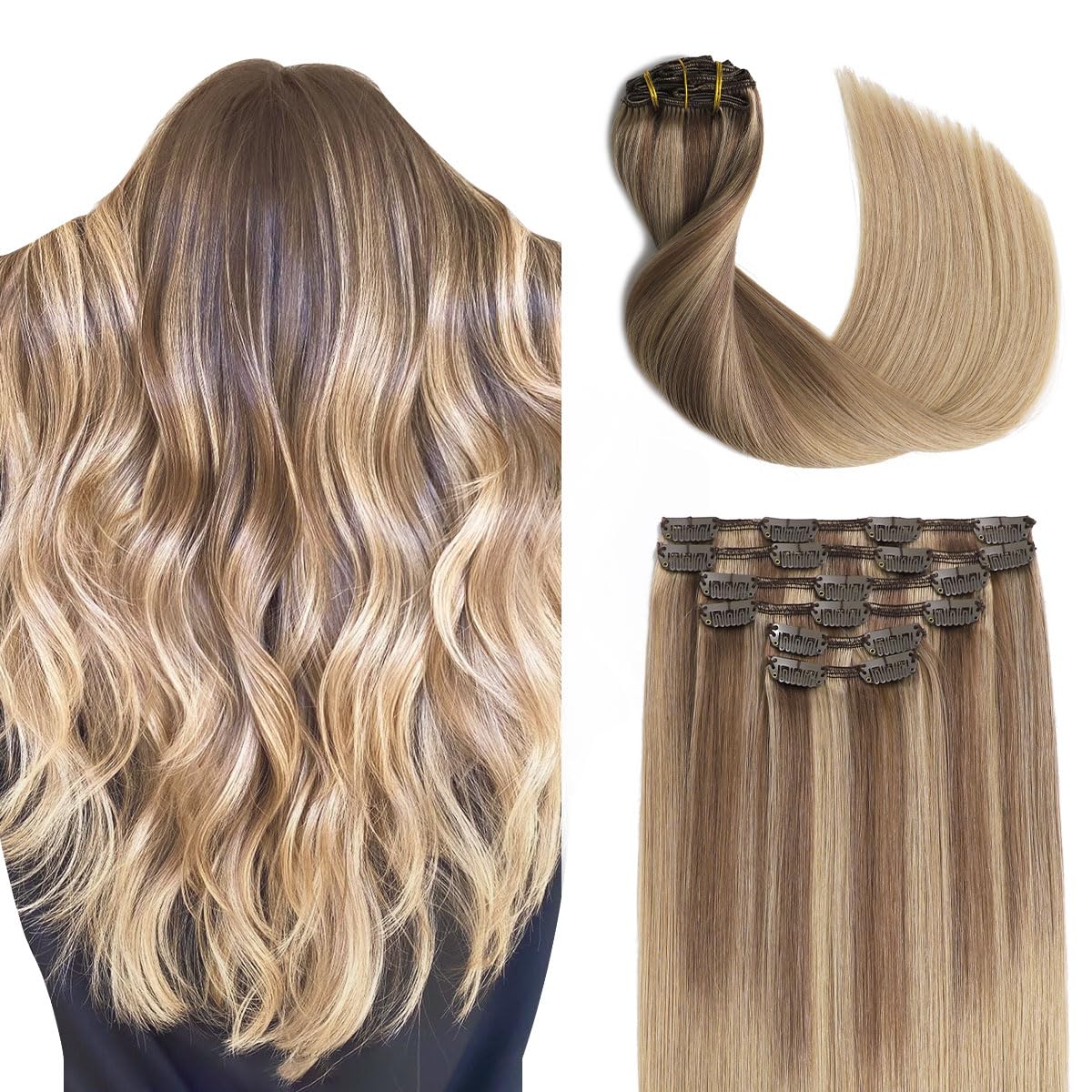 Clip in Hair Extensions Human Hair Balayage Golden Brown to Light Blonde 14 Inch 100g 6pcs Clip in Extensions Thick Extensions #10/16/16 14" โ image 1