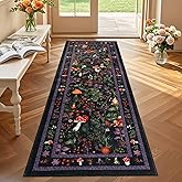 nesrt Fantasy Mushroom Runner Rugs for Hallway 2x6ft, Non Slip Botanical Kitchen Rug Washable, Soft Thin Plant Bedside Runners, Cute Woodland Floor Carpet for Bedroom Hall Bathroom Laundry (Black)