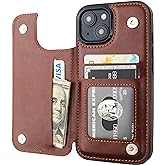 ONETOP Compatible with iPhone 15 Wallet Case with Card Holder, PU Leather Kickstand Card Slots Case, Double Magnetic Clasp and Durable Shockproof Cover 6.1 Inch (Brown)