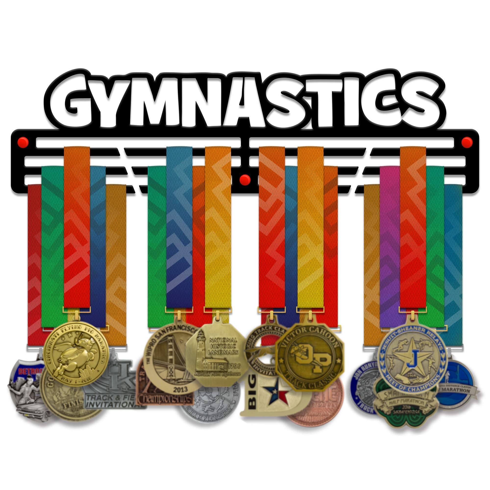 VICTORY HANGERS Gymnastics Medal Holder Display Rack - 3 Bars Black Coated 3 mm Steel Metal Hanger with Wall Mount Standoffs - 18 Inch Wide Holds 60 Medals or More