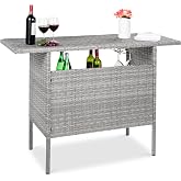 Best Choice Products Outdoor Patio Wicker Bar Counter Table Backyard Furniture w/ 2 Steel Shelves and 2 Sets of Rails - Gray