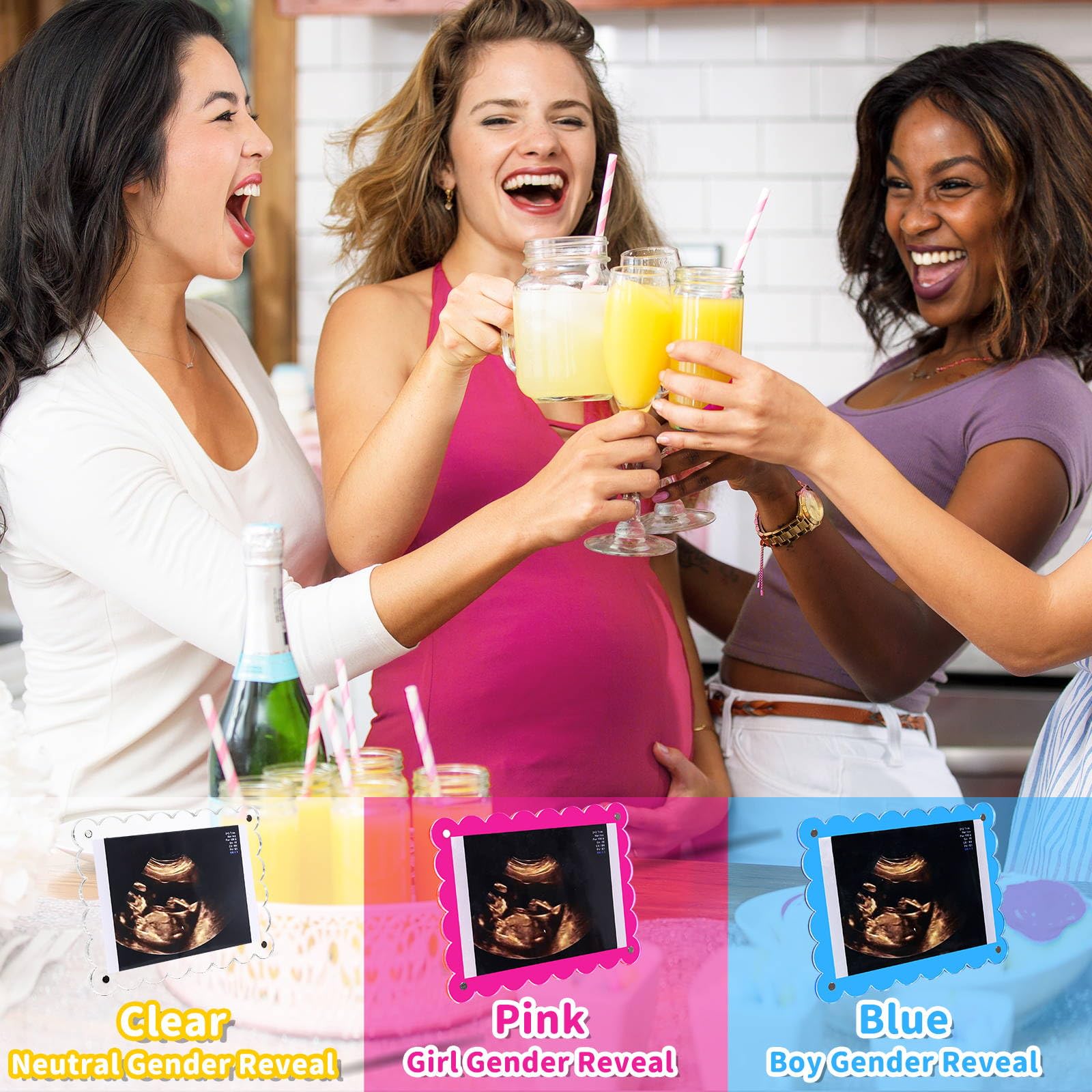 Magnetic Clear Acrylic Scalloped Baby Ultrasound Picture Frame - Sonogram Frame for Refrigerator, Display for Pregnancy Announcement, Gender Reveal & Expecting Parents Gifts(No Stand)