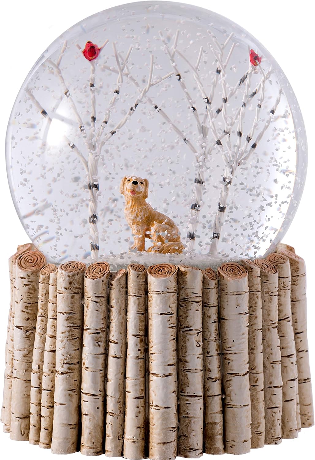 WeRChristmas Puppy and Cardinal Bird Snow Globe with Birch Base