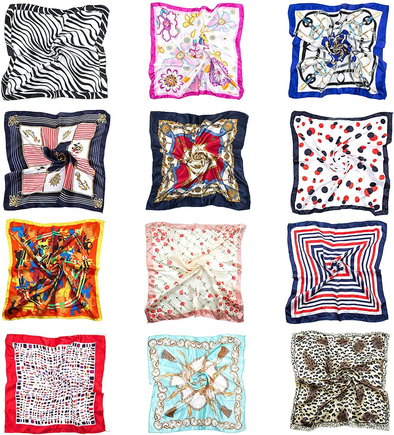 Comius Sharp 12pc Women Square Scarf Satin Silk Feeling Square Floral Print Bandana Handkerchiefs Neckerchief (50 x 50 cm)