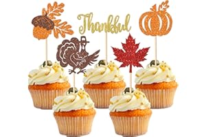 Rsstarxi 30 Pack Thanksgiving Cupcake Toppers Glitter Turkey Pumpkin Autumn Fall Maple Leaf Cupcake Food Picks Thankful Cake Decorations for Happy Thanksgiving Day Theme Party Supplies