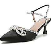 Peijely Women's Rhinstone Wedding Low Heel Slingback Kitten Heels, Adjustable Strap Pointed Toe Bow Pumps Prom Dress Shoes