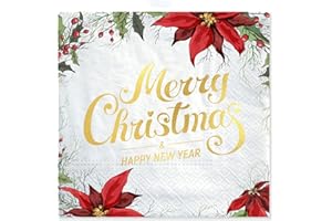 QEQCZOW Christmas Napkins, 50 Count Gold Foil Napkins Paper, Artstyle Decorations for Xmas Party Supplies Wedding Table Disposable Centerpiece Decor