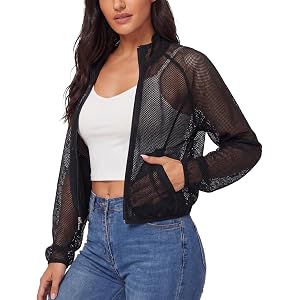 FEOYA Women's Mesh Jacket Cropped High Waisted Lightweight See Through Zip Up Workout Jacket Yoga Cover Up Casual Outerwear