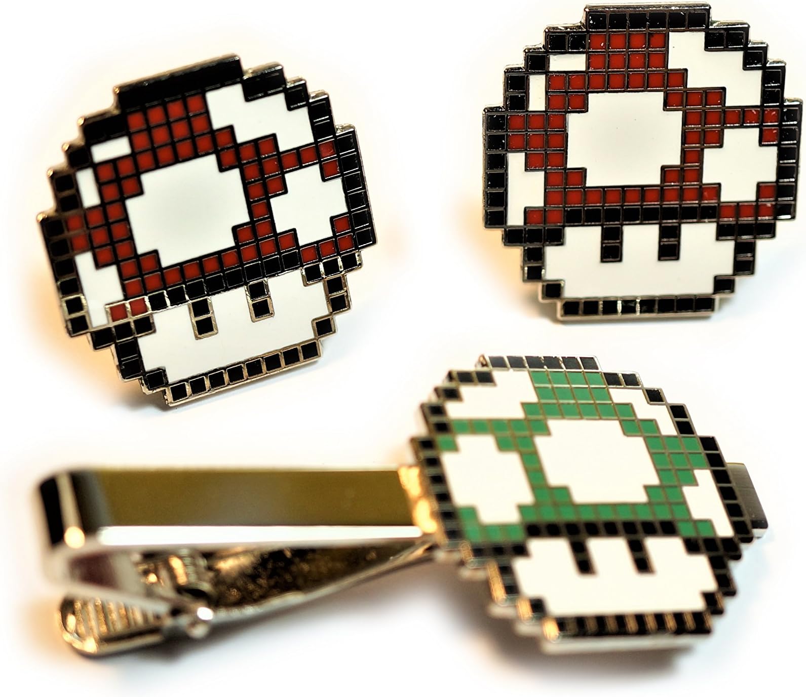 Super Mario World GREEN MUSHROOM 1UP TIE BAR CLIP Pixel SNES Suit Wedding RED MUSHROOM CUFFLINKS SET