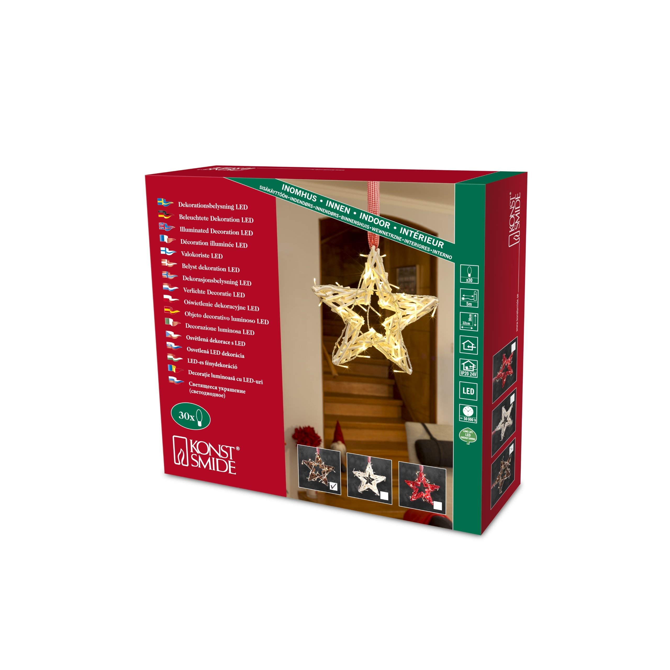 Konstsmide Christmas Lights LED Decoration Wooden Silhouette Star, Natural/Indoor Use (IP20)/24V Internal Transformer/30 Warm White Diodes/Transparent Cable