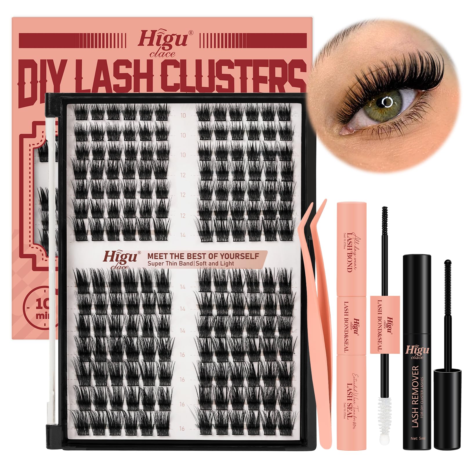 Higu clace Lash-Clusters Kit, Cluster-Lashes Kit 168pcs, DIY Lash Extension Kit Mix10-16mm, Reusable Eyelashes Clusters Kit With Bond and Seal, Remover and Applicator Tools(WL04-10-16mm KIT) — image 1
