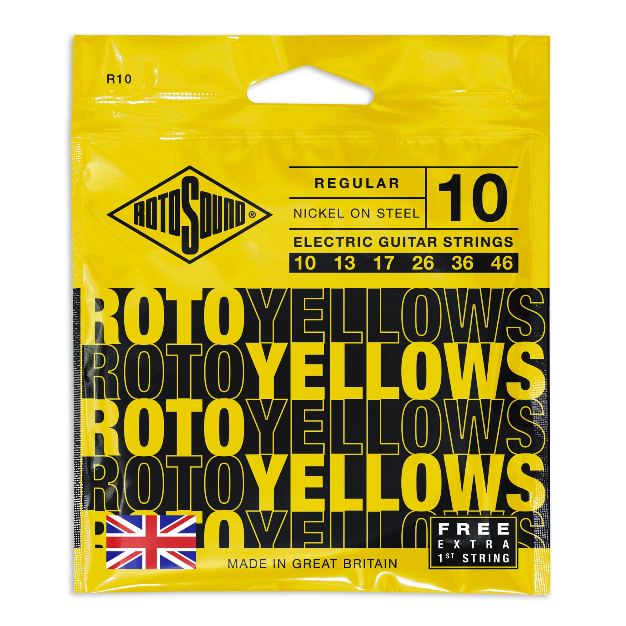 Rotosound R10 Nickel Regular Gauge Electric Guitar Strings (10 13 17 26 36 46), set of 1, yellow pack