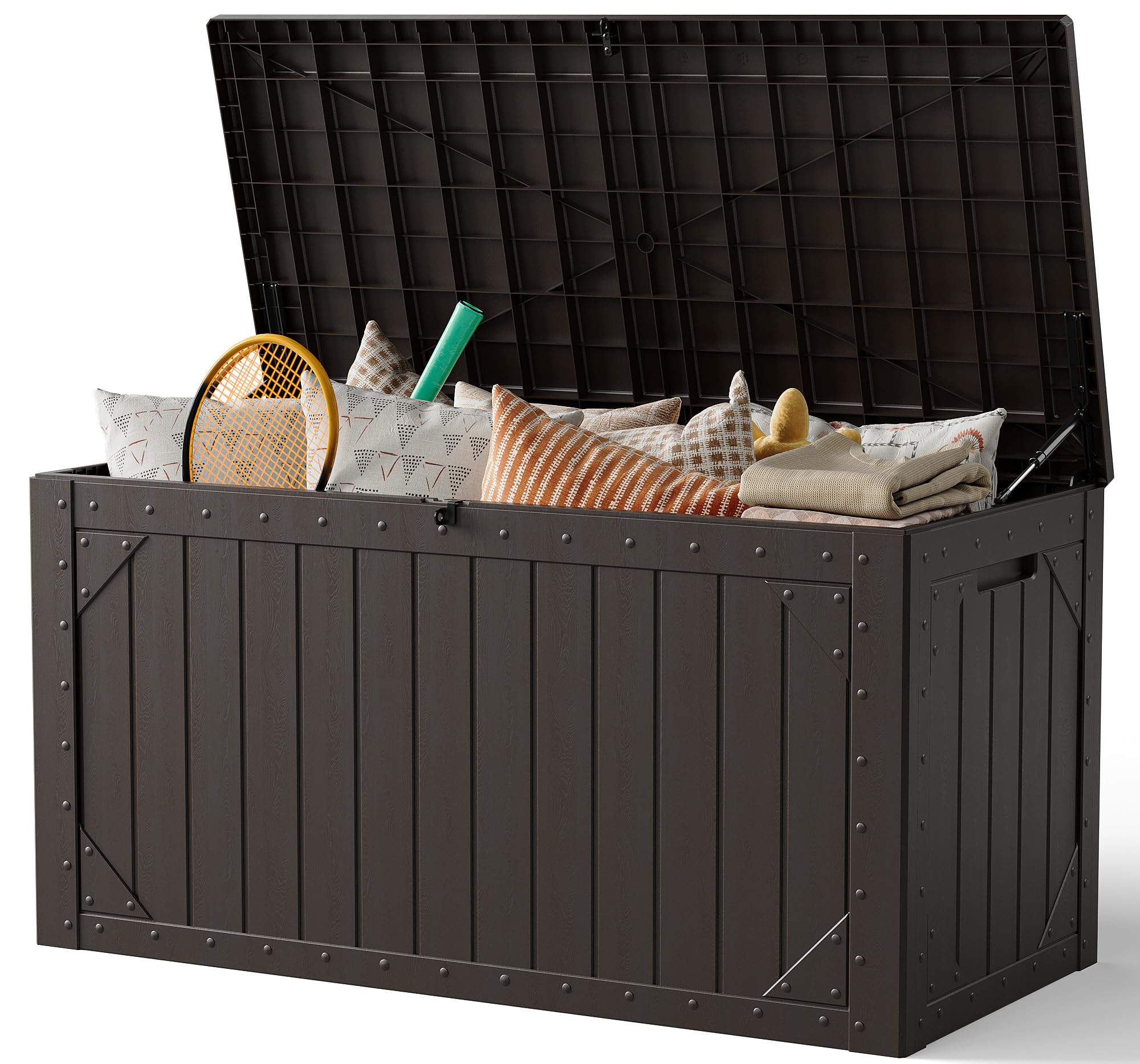 MAKE CHANGES Outdoor Storage Box, 100 Gallon Deck Box Outdoor Storage Bench Outside Waterproof Resin Storage Bench, Lockable Patio Cushions, Garden Tools Storage For Furniture, UV Resistant(Brown)