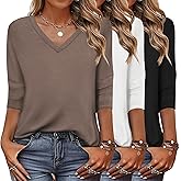 Zeagoo Women's T Shirts 3 Pack 3/4 Sleeve V Neck Basics Tees Casual Loose Fit Soft Fall Tops Outfits 2025 S-XXXL