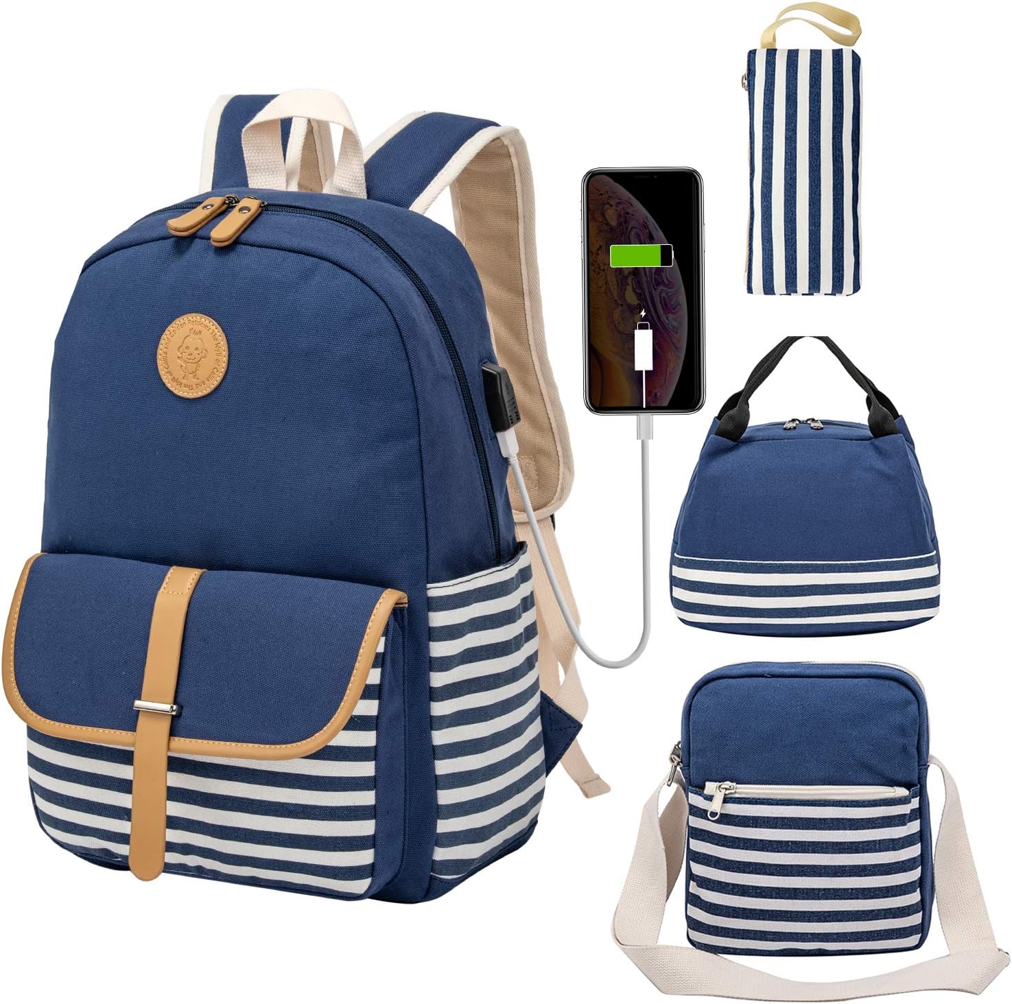 Kuston School Backpacks for Women Teen Girls with USB Charging Port Lightweight Canvas Bookbag Set 4 in 1