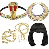 Yunlly 5 Pcs Egyptian Headpiece for Women Short Black Bob Wigs Head Chain Snake Arm Cuff Collar Necklace Bracelet Accessory