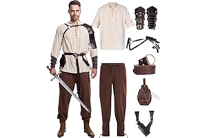 VANDERDYKEN 8 Pcs Men's Renaissance Costume Halloween Medieval Pirate Shirt Pant Viking Costume Accessories Set