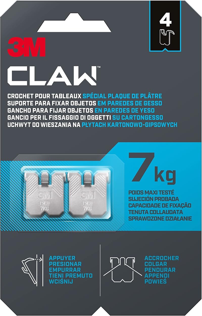3M CLAW Plasterboard Hooks 7kg 4 Pack Steel Picture Frame Mirror Hangers
