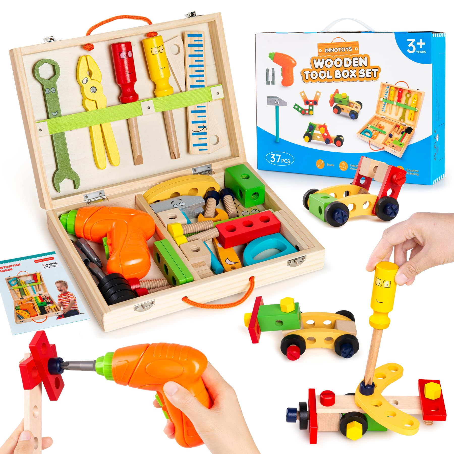 Photo 1 of Innotoys Kids Tool Set with Electric Drill, 37 Pcs Wooden Kids Tools Kit with Tool Box, Montessori STEM Learning Educational Construction Toys Gifts for 2 3 4 5 6 7 8Year Old Boys Girls