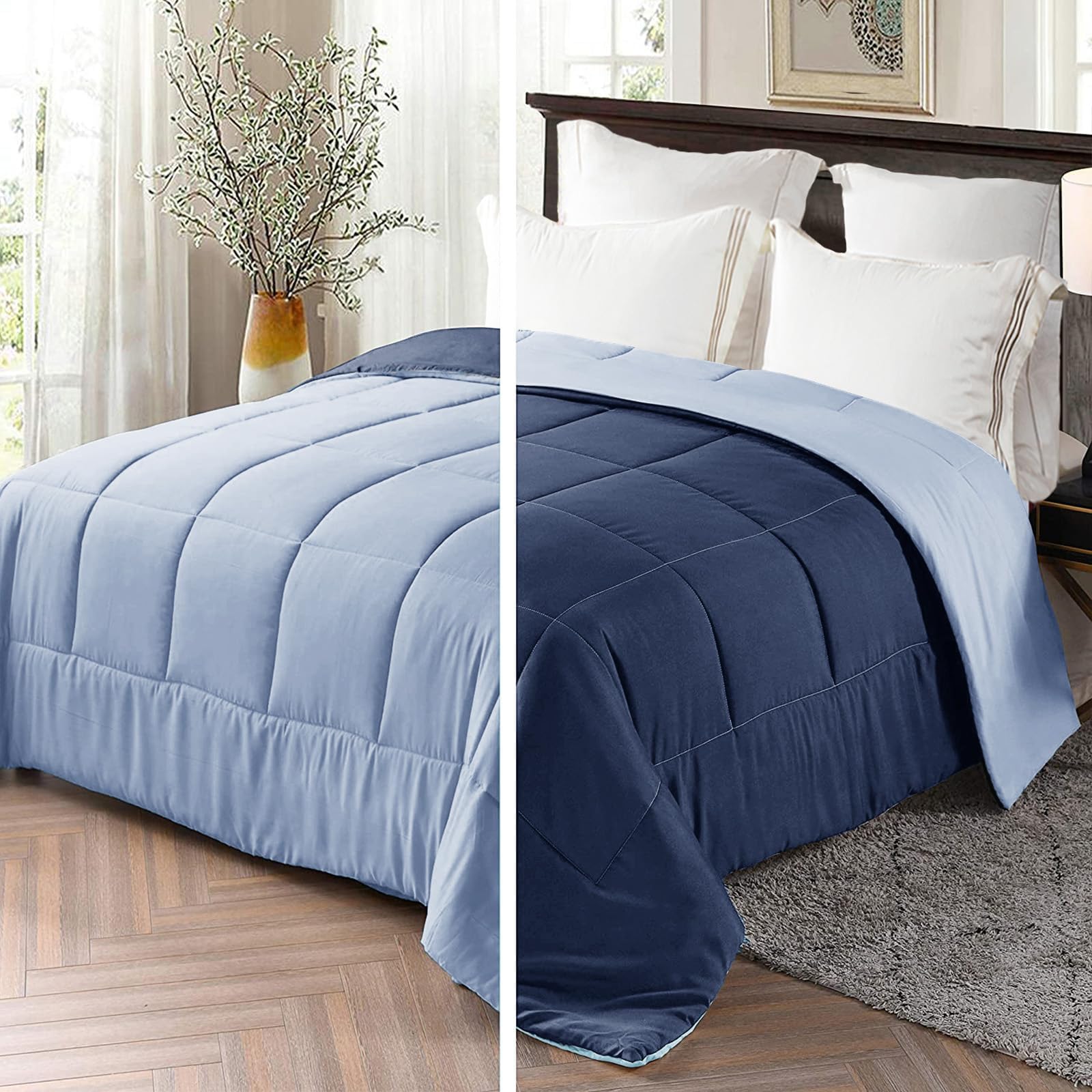 Exclusivo Mezcla 7.5 Tog Single Size Duvet All Seasons, Ultra Soft Reversible Coverless Duvet, Lightweight Down Alternative Comforter, 135x200 cm Navy/Blue