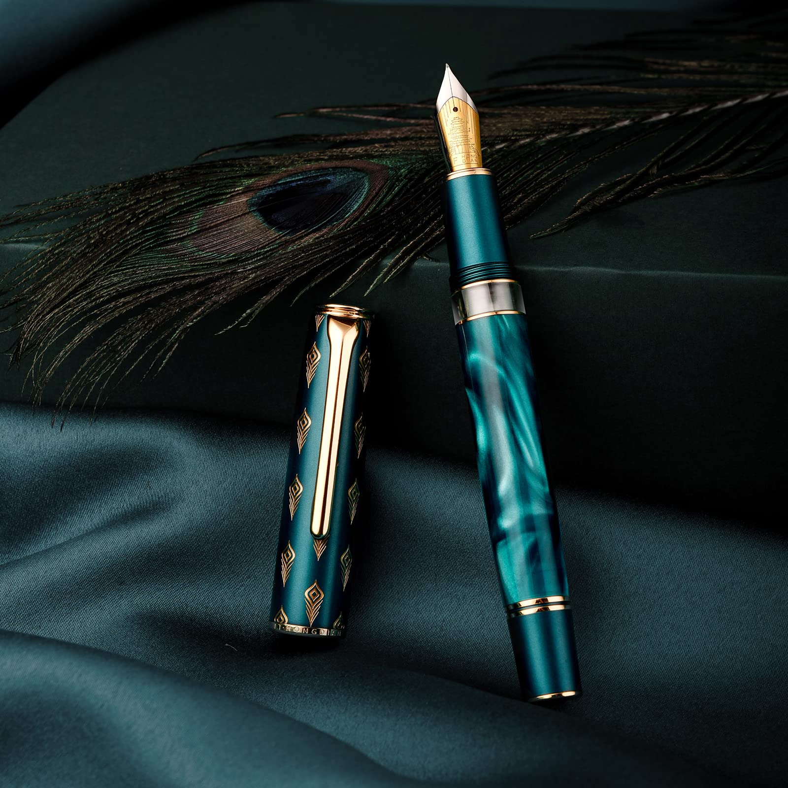Hongdian N7 Peacock Blue Resin Piston Fountain Pen, Extra Fine Nib, Classic Smooth Writing Pen with Metal Box — image 1