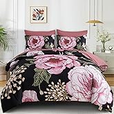 Luxudecor Floral Queen Comforter Set 7 Pieces Bed in a Bag, Pink Flower Print on Black Bedding Set, Soft Reversible Comforter with Sheet Set 90"x90"