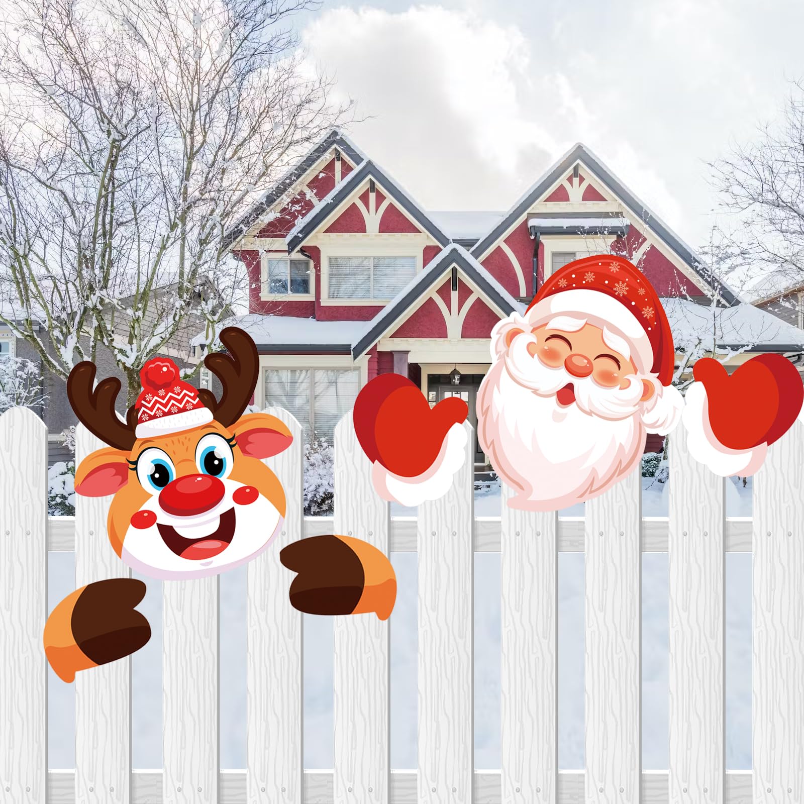 2Pcs Christmas Fence Peeker Decoration Santa Claus Elk Peeking Garden Yard Sign Decorations Cute Peeper Decorative Fence Home Decor Outdoor Lawn Pathway Parking Fence Art Sign Ornament for Holiday