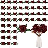 XunYee 50 Pack Artificial Wedding Dahlia Flowers Bulk Silk Dahlias with Stems and Green Leaves Fake Flora Decoration Faux Bouquets for DIY Bridal Shower Wedding Party(Burgundy)