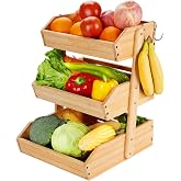 Fyvva 3 Tier Bamboo Fruit Basket with 2 Banana Hangers for Kitchen Counter | Large Capacity Breathable Fruit Bowl, Sturdy, Easy Assembly, Natural Bamboo Produce Organizer for Veggies, Snacks &amp; Bread