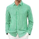 Damipow Mens Linen Cotton Striped Long Sleeve Dress Shirt Casual Button Down Shirt