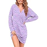 Ekouaer Women's Nightshirt Long Sleeve Button Down Nightgown V-Neck Sleepwear Casual Pajama Dress